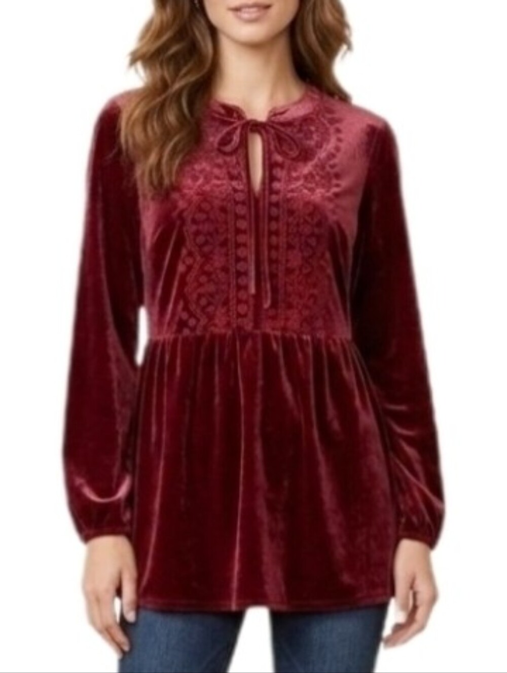 The Pioneer Woman Top Velvet Embroidered Romantic Boho Burgundy Size S